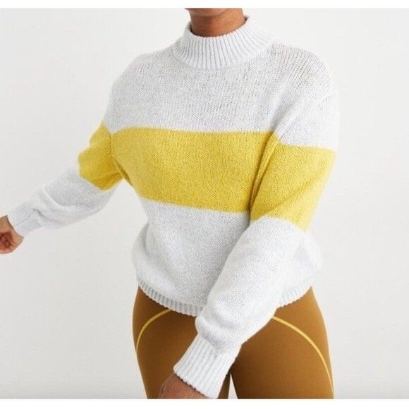 Aerie Oh So Soft Mock Neck Yellow Stripe Chunky Sweater Size XS NWT - Picture 1 of 11